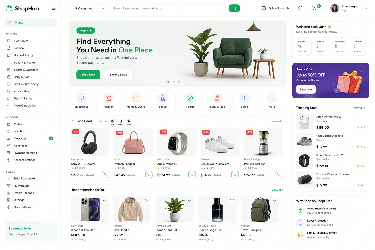 ShopHub e-commerce homepage: clean UI, "Mega Sale" banner with green armchair & plant, product categories, flash deals, trending.