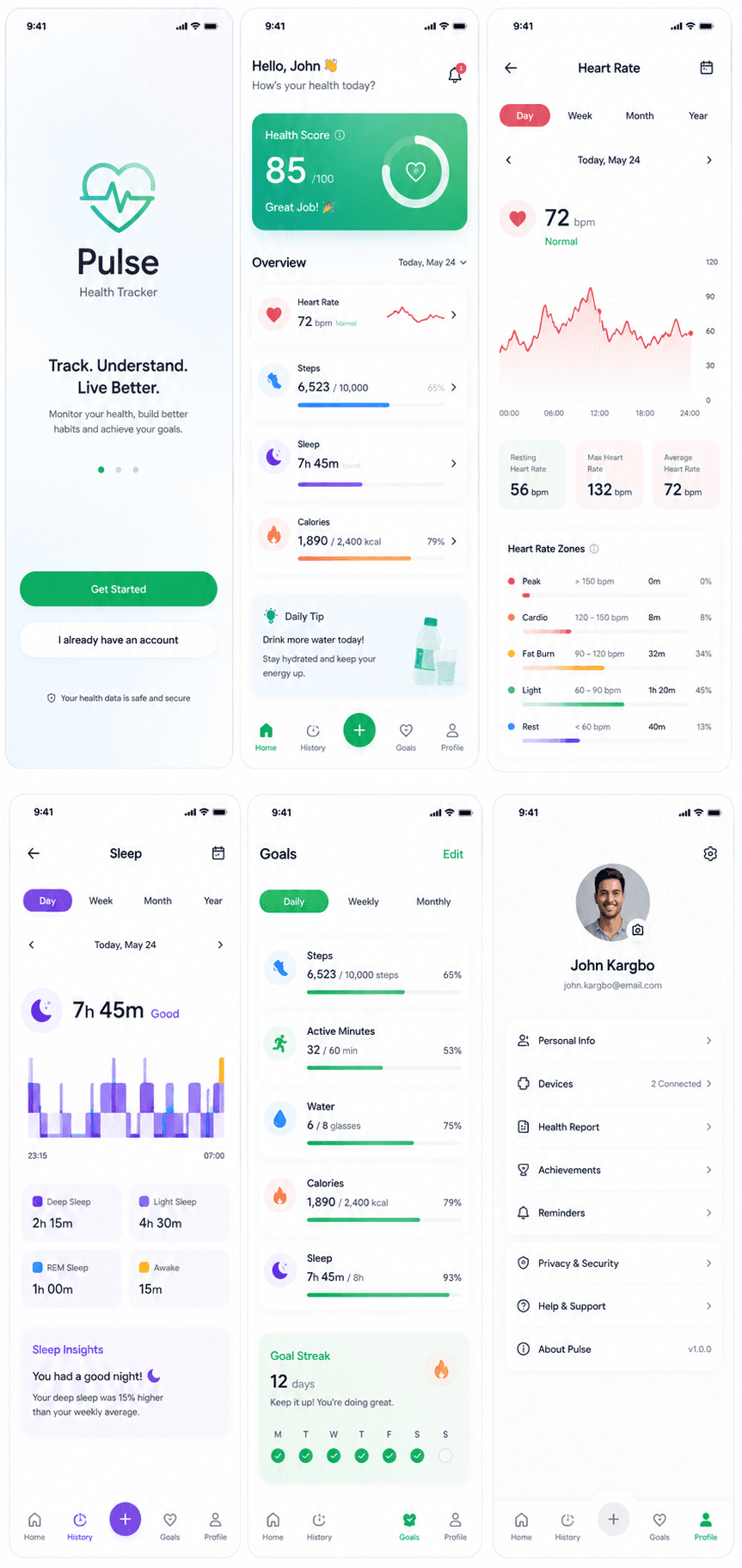 Vibrant Pulse health tracker app UI on multiple screens: dashboard, heart rate, sleep, goals, and profile. Tracks fitness data.