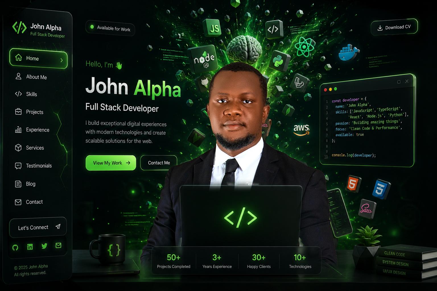 Professional John Alpha, a full stack developer, on his vibrant green tech portfolio, surrounded by code, JS, React, Node.js, Python icons.